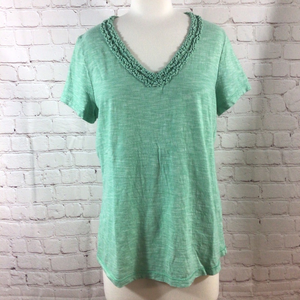 L.L. Bean Women’s Ruffle V-Neck Green Short Sleeve Cotton Top - Size Medium